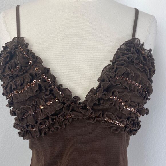 Y2K Wet Seal Brown Knit Baby Doll Tank Top Large Ruffles Sequins Boho Festival - Picture 2 of 10